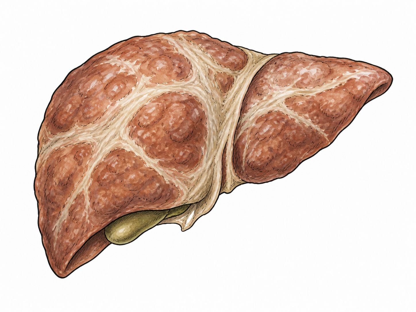 Clean educational model of a liver with pale scar tissue bands, non-graphic.