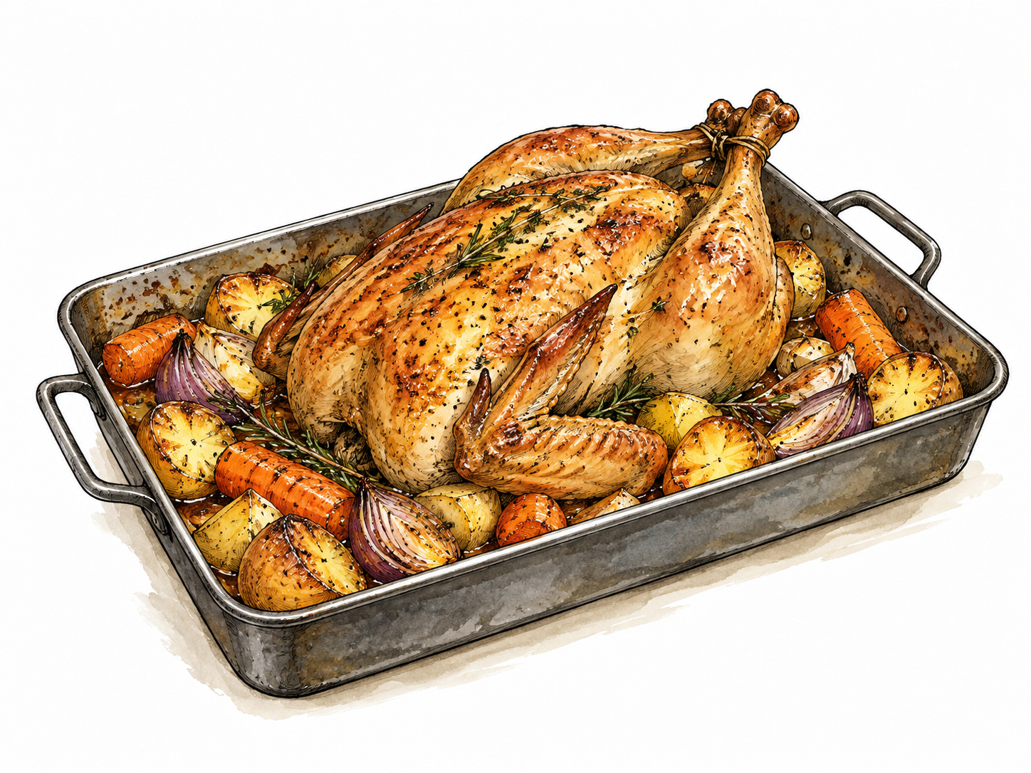 Golden vegetables and a chicken roast in an oven pan.