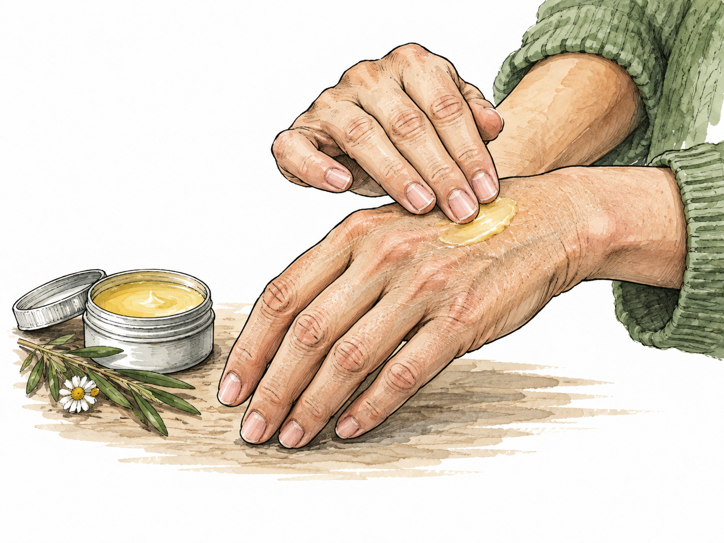 An adult rubs a small amount of soothing balm onto dry hands.
