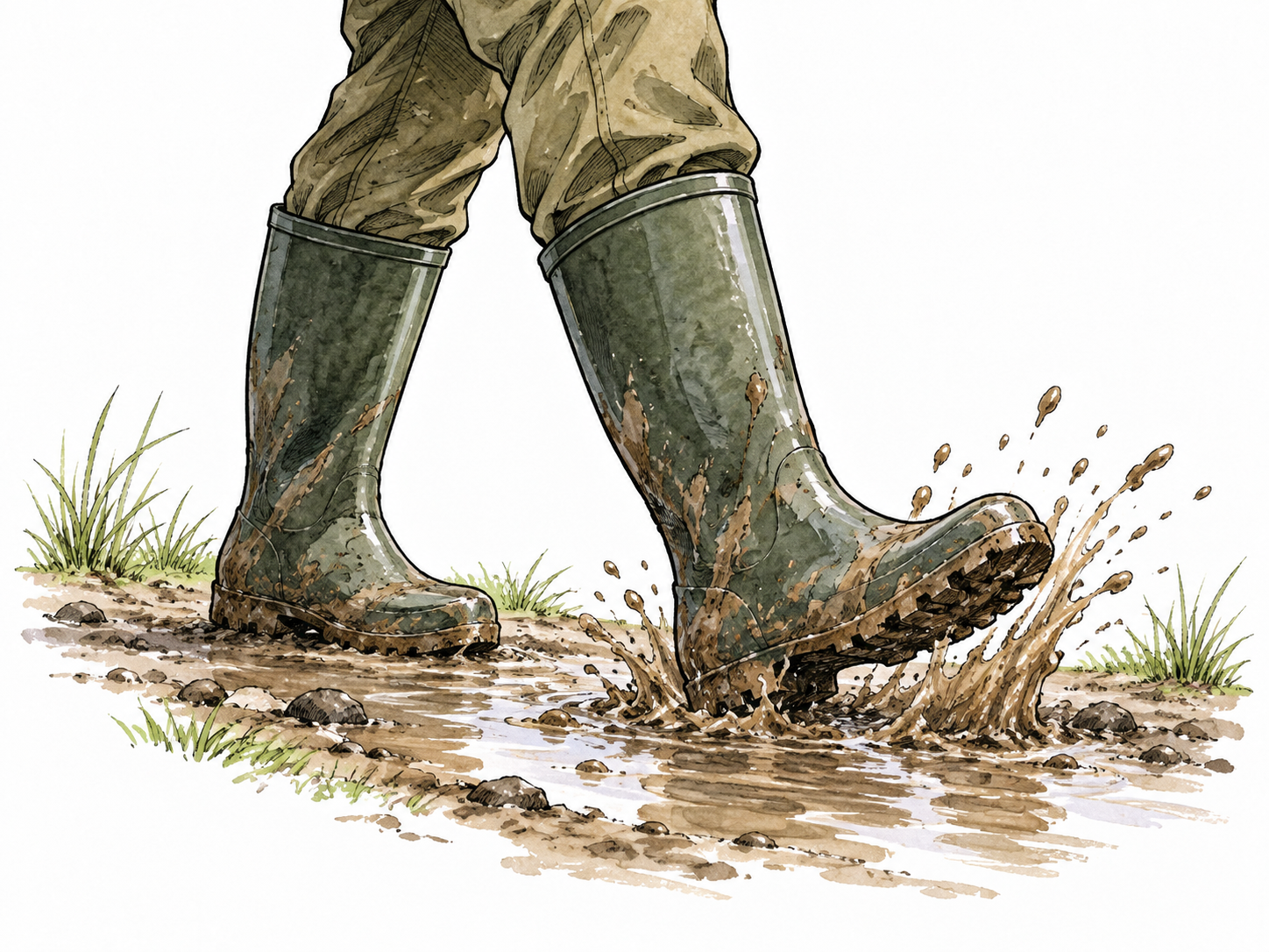 Simple sturdy rain boots used effectively on a muddy path.