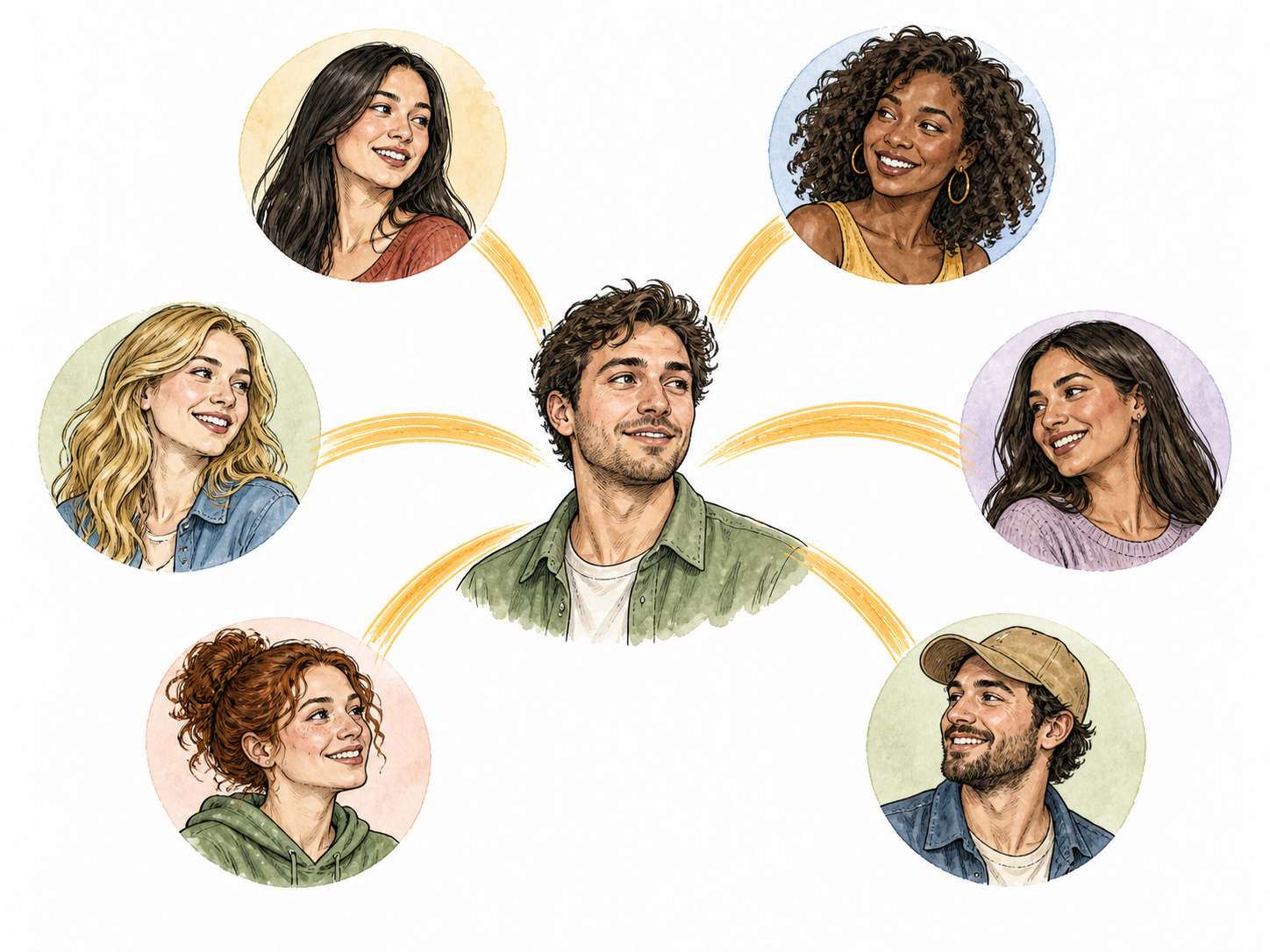 A symbolic non-graphic relationship scene: one fully clothed adult's portrait linked to several separate adult partner portraits, no hearts implying exclusivity.