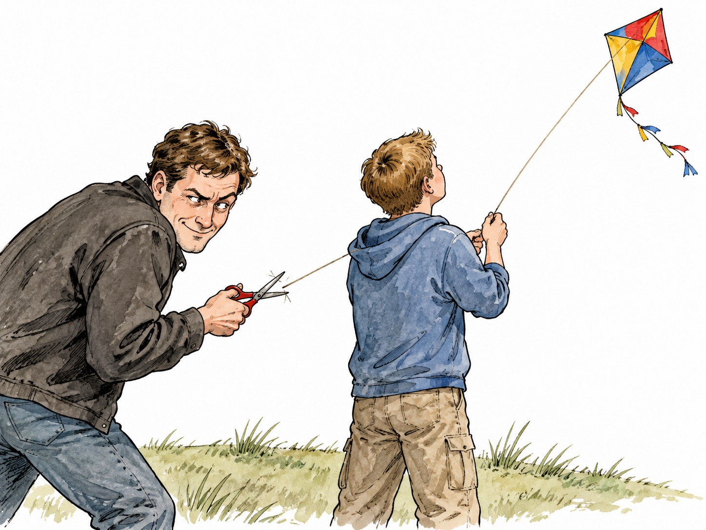 White adult deliberately cuts a rival's kite string while hiding the scissors, malicious intent.