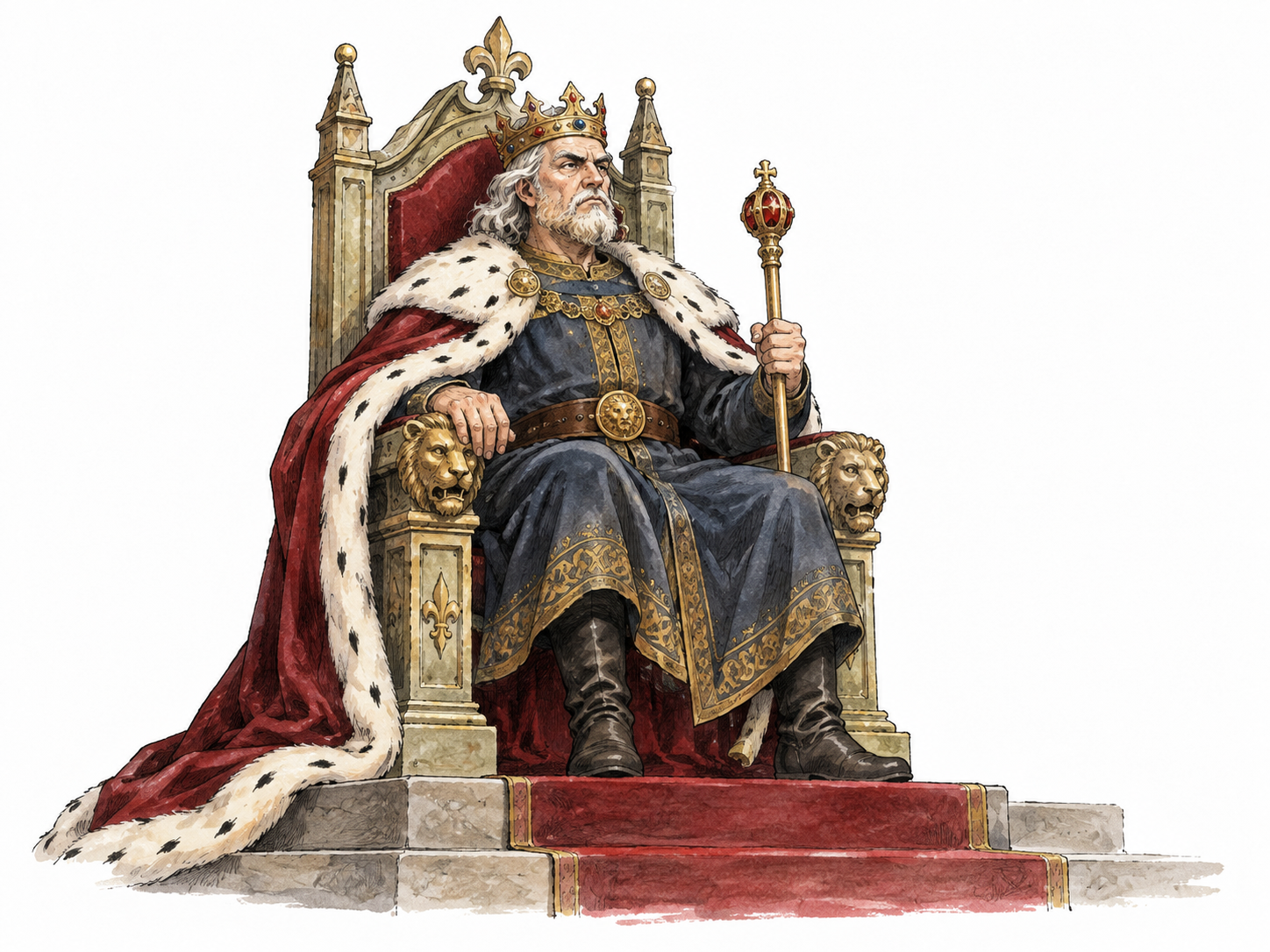 An older white fictional ruler grips a scepter alone on an imposing throne.