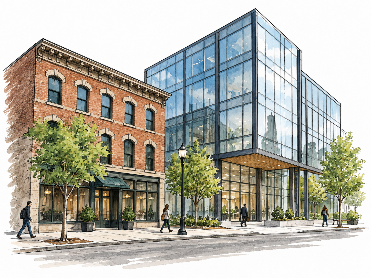 Contemporary glass-and-steel building beside an older brick facade, present-day urban life.