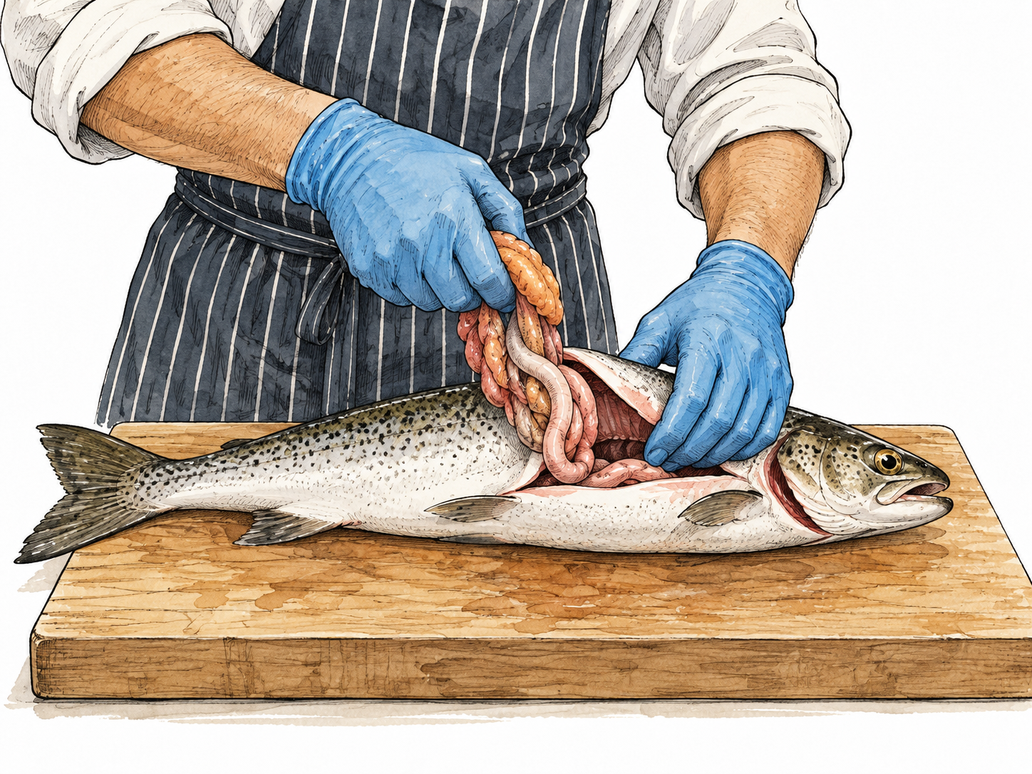 Professional fishmonger wearing gloves removes entrails from a fish on a kitchen board, calm culinary preparation, no blood, no graphic gore, clear action.