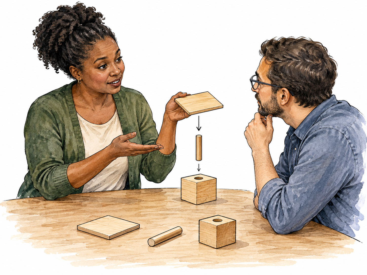 A woman demonstrates how simple wooden parts assemble for an attentive listener.
