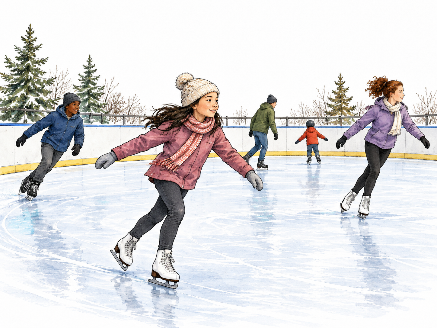 A diverse group of skaters glides around a maintained ice rink.