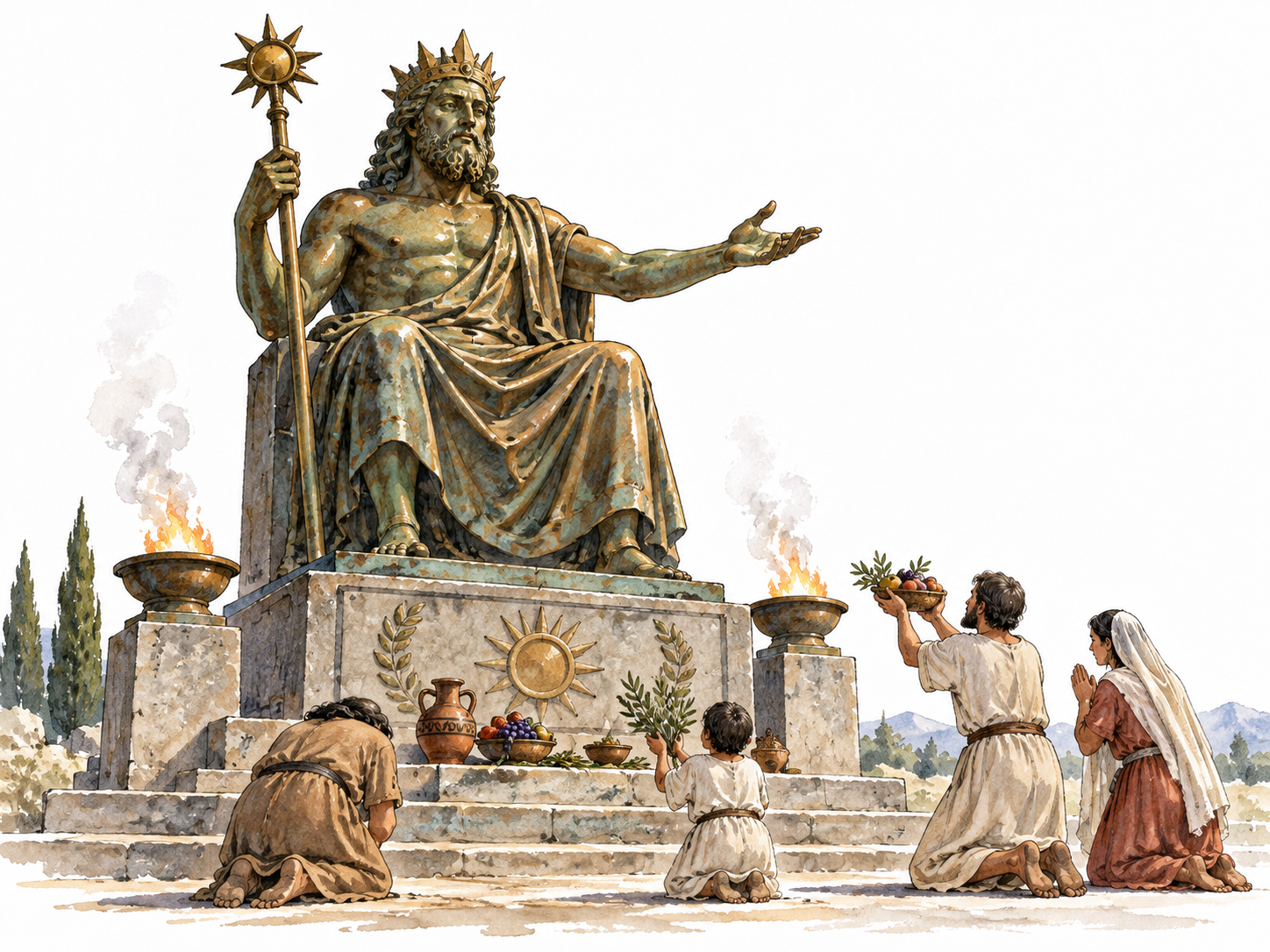 A monumental bronze fictional deity statue with respectful worshippers and offerings.