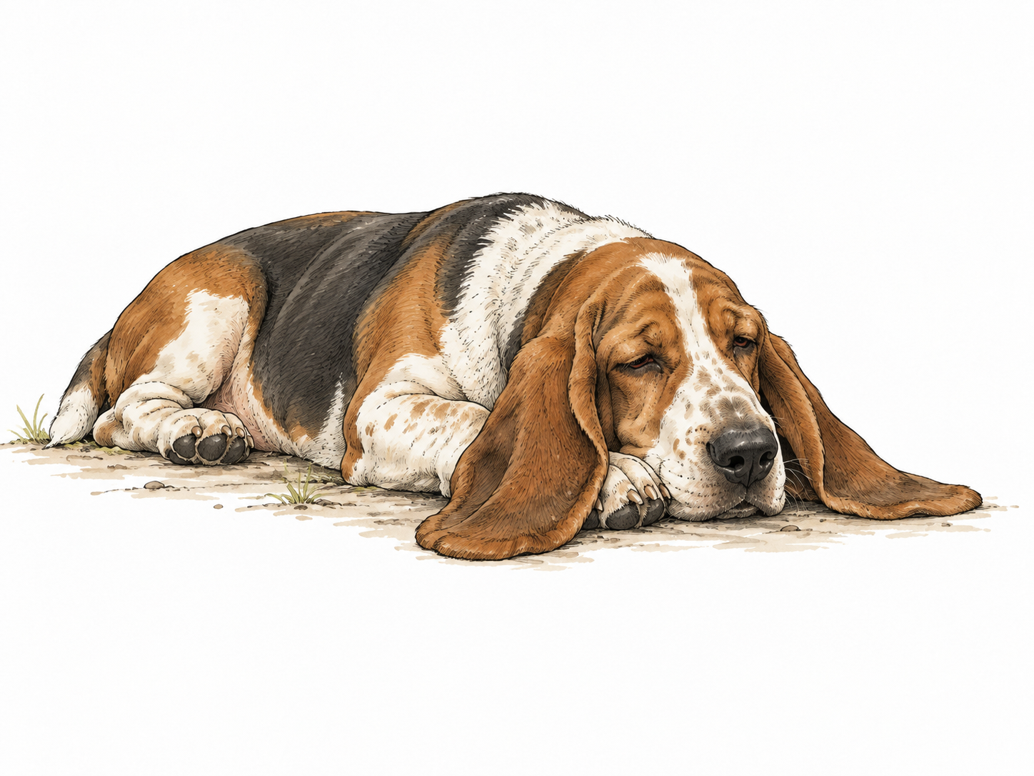 A sleepy basset hound with naturally droopy ears.