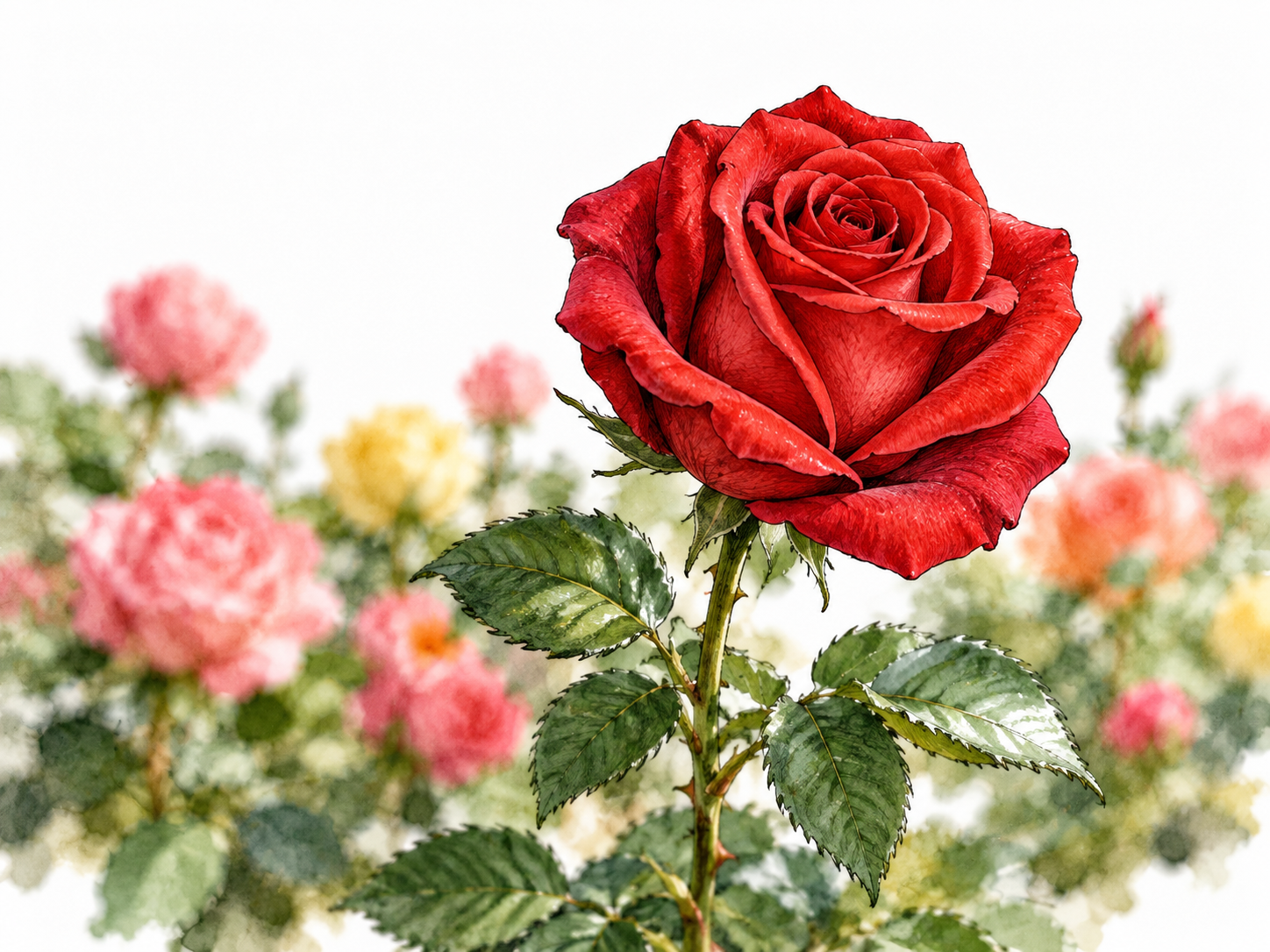 Perfectly formed rose exemplifies roses among blurred garden blooms.