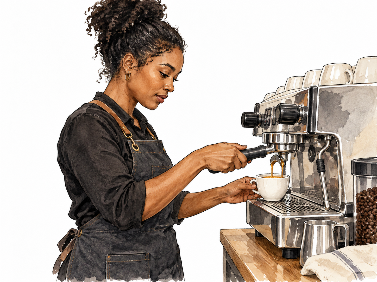 Black female barista pours espresso at machine.