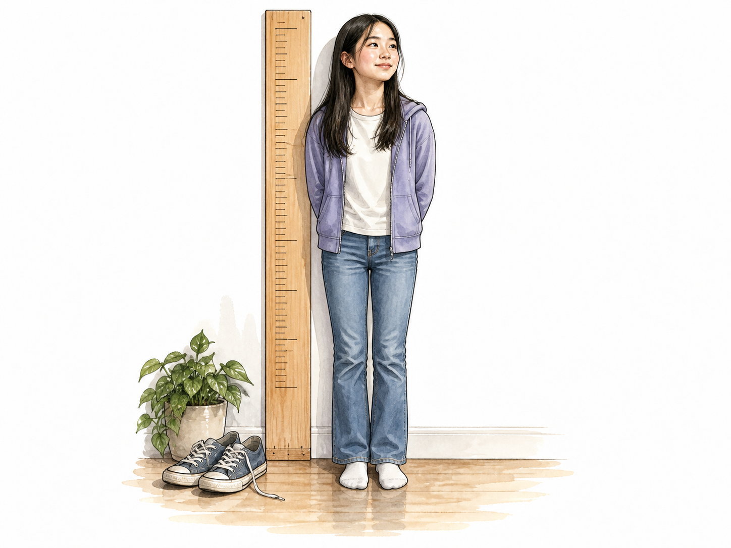 A fully clothed East Asian adolescent girl standing beside a growth chart and outgrown shoes, ordinary physical maturation, respectful.