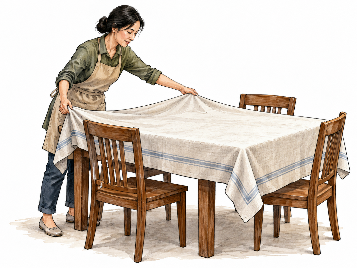 An East Asian adult placing a protective cloth over a dining table, cloth clearly spreads over surface.