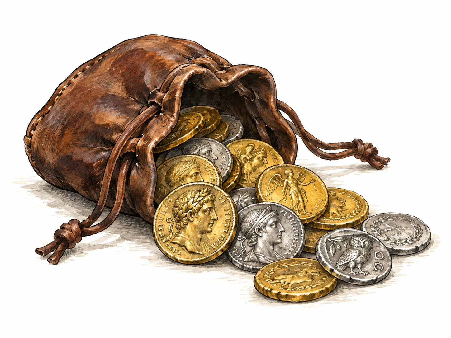 Antique gold and silver coins in small purse.