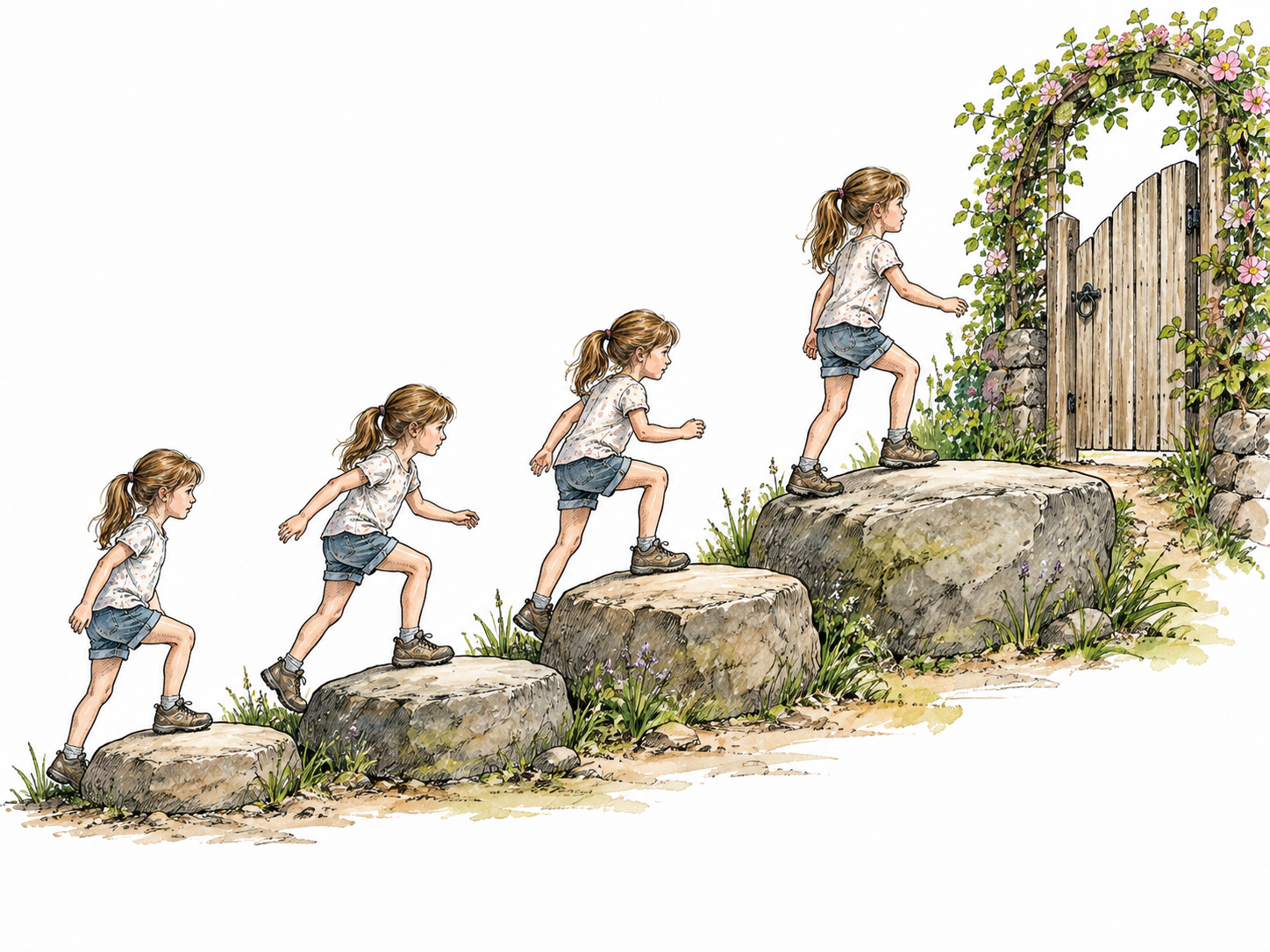 A child gradually climbing a set of increasingly high stepping stones toward a garden gate, white girl, visible advance.
