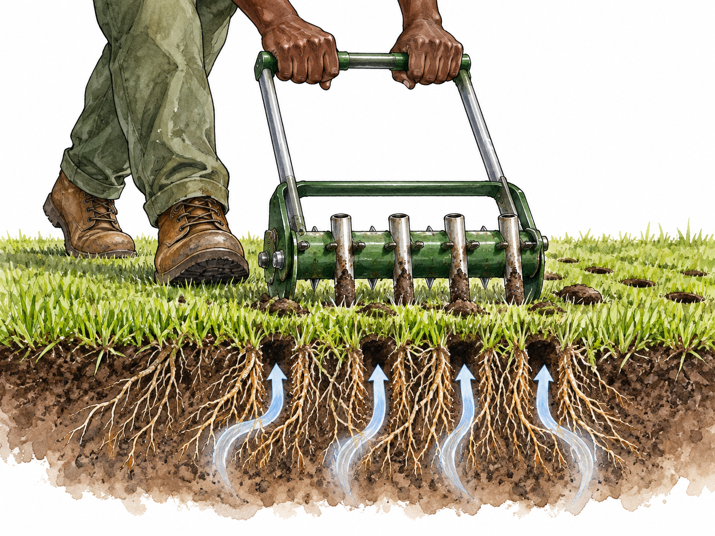 A garden aerator making evenly spaced small holes in soil while grass roots breathe; hands of Black gardener.