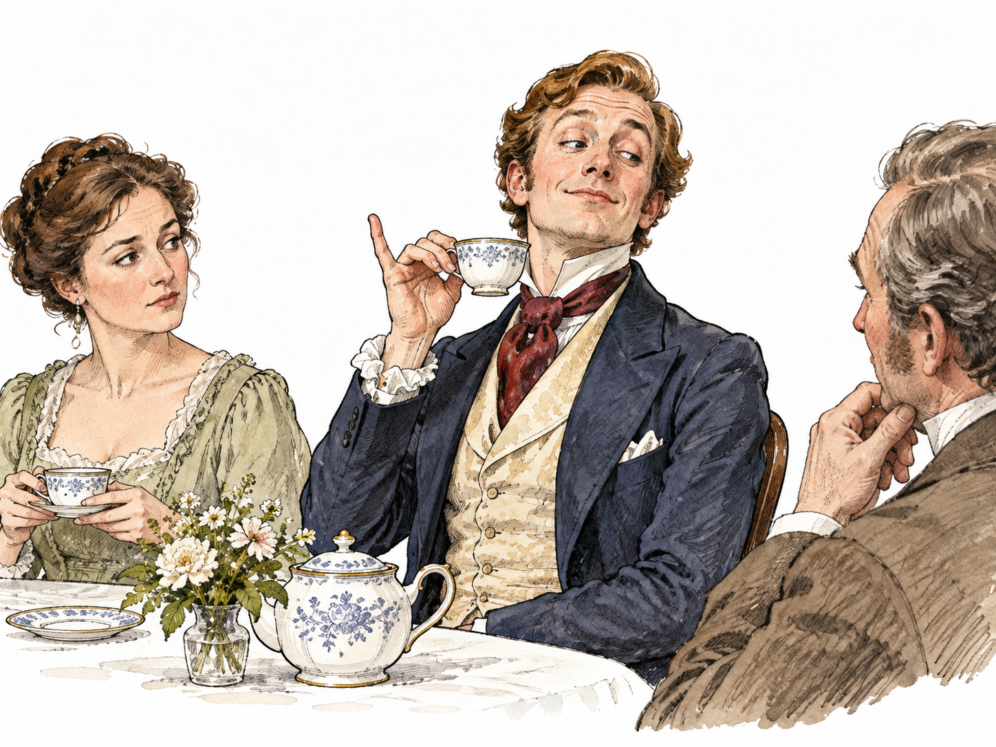 A white adult ostentatiously holds a teacup with exaggerated raised little finger while checking others' reactions.