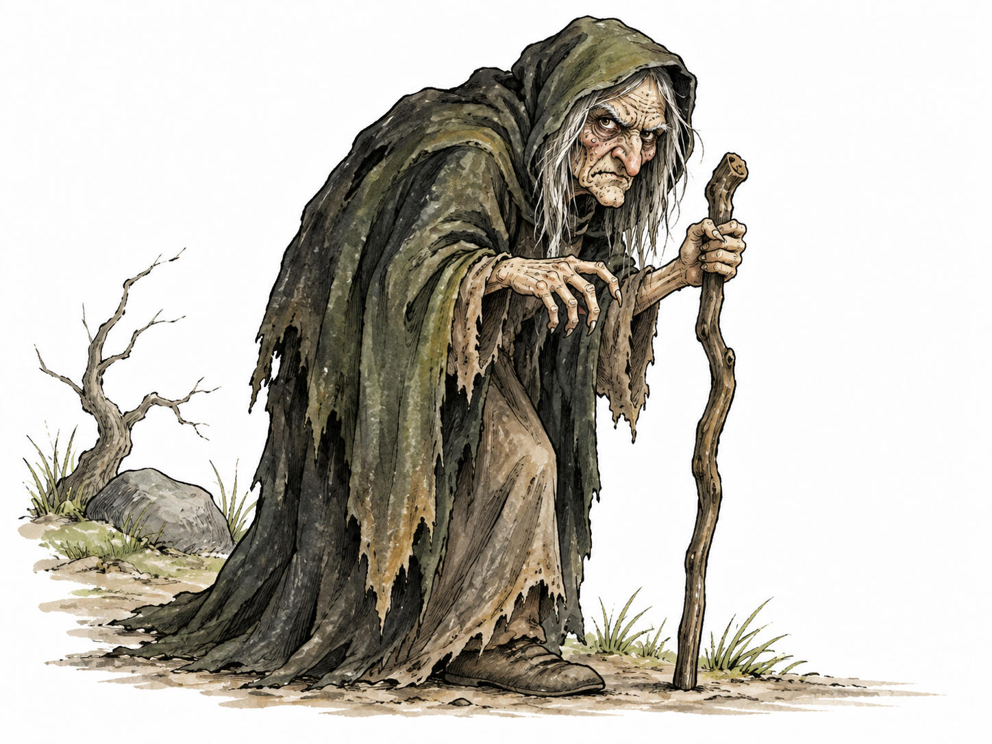 A frightening elderly witch character in folklore, stern rugged face, no caricature of any ethnicity.