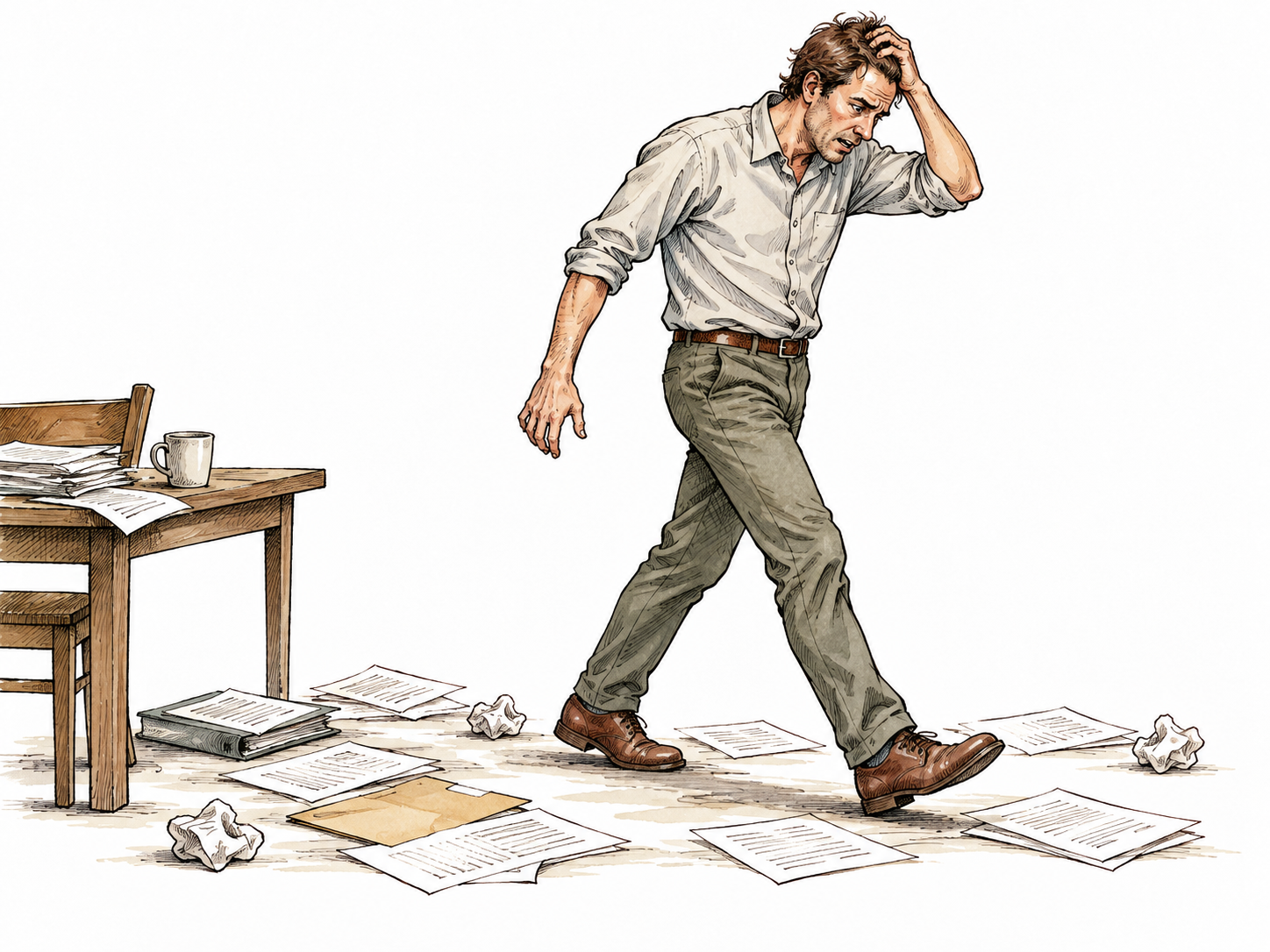 White adult paces anxiously beside scattered paperwork.