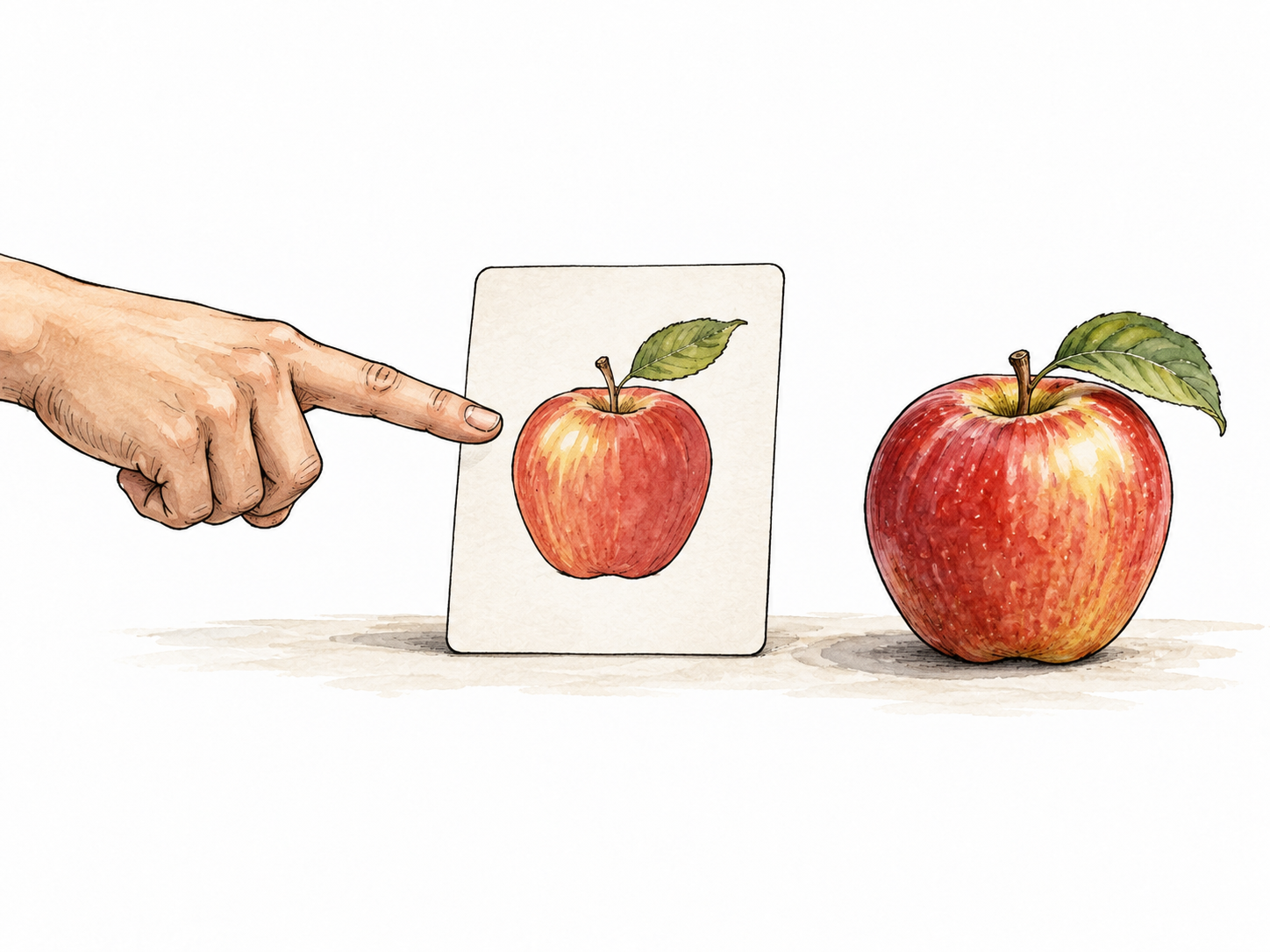A hand points from a simple apple drawing on a blank card to an actual apple.