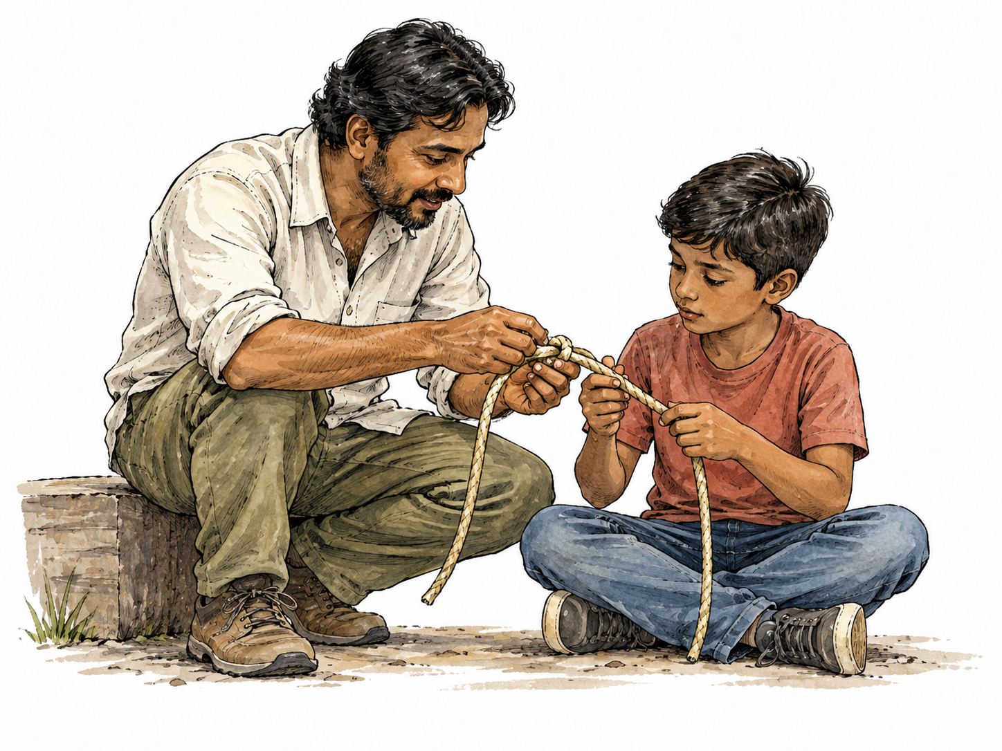 South Asian instructor teaches a child how to tie a knot.