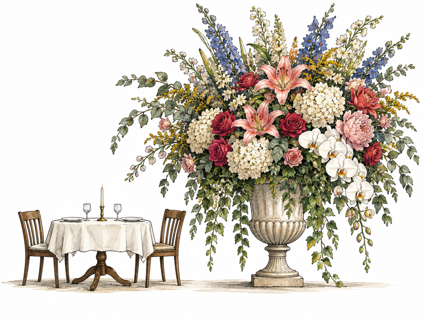 An extravagant enormous flower arrangement dwarfs a modest dinner table.
