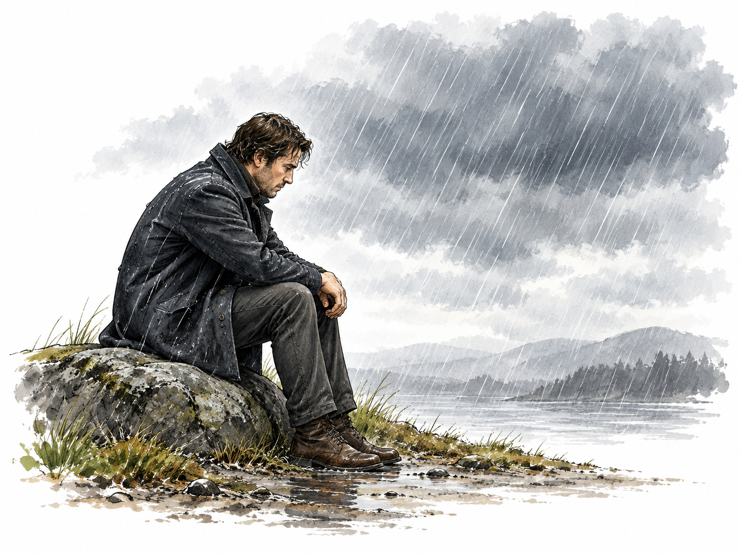 Somber adult in dark coat sits quietly under gray rainy sky.