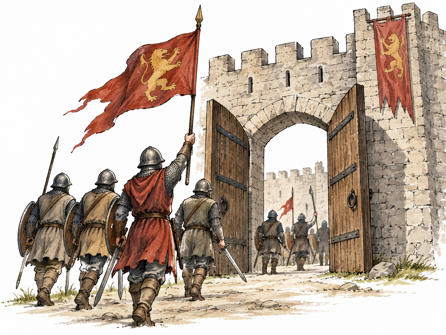 A fortress gate opens to victorious troops, flags and lowered weapons, no gore.