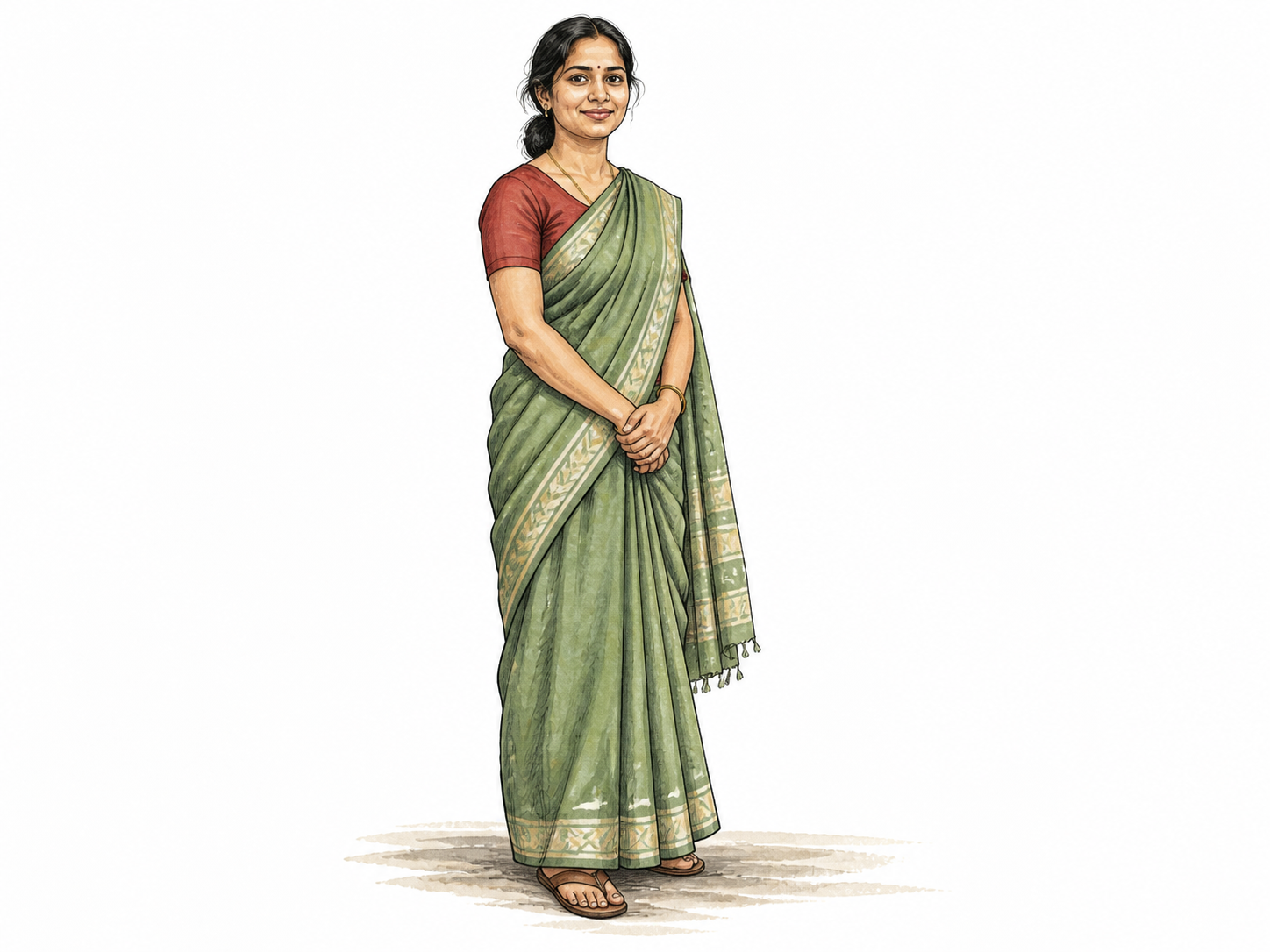 One ordinary South Asian woman standing naturally, full figure.