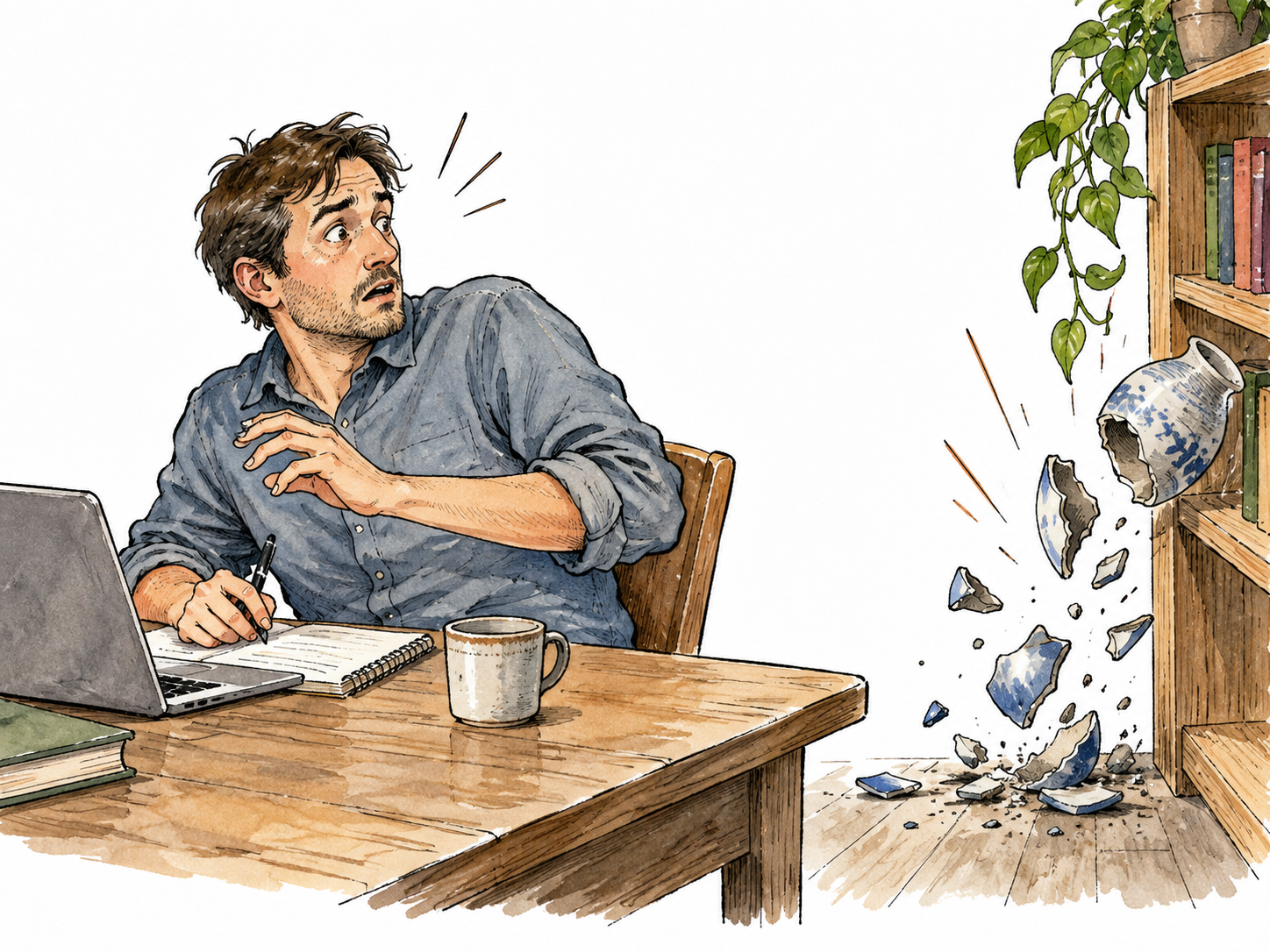 A loud unexpected crash interrupts a focused adult, startled uneasy expression.