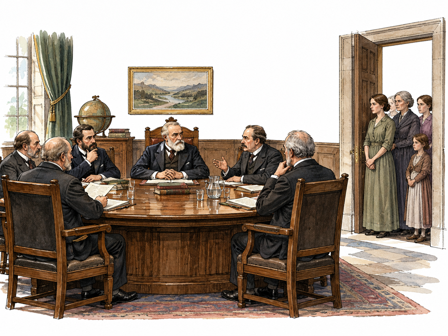 A formal council of older men occupies all central seats while women stand excluded at the doorway; critical factual scene.