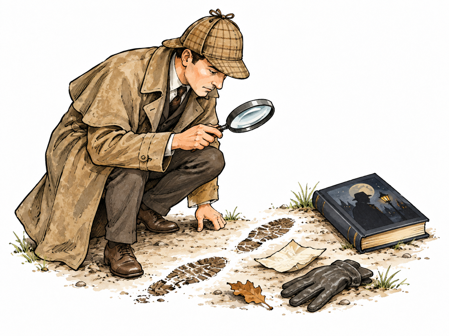 Detective examines clues beside a closed mystery novel, suspenseful crime puzzle without violence.