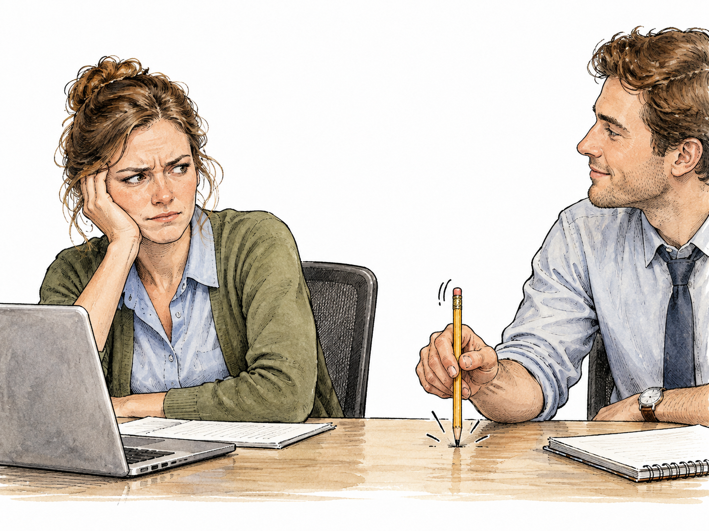 A white office worker visibly annoyed by a repeated tapping pencil held by a colleague, restrained expression.