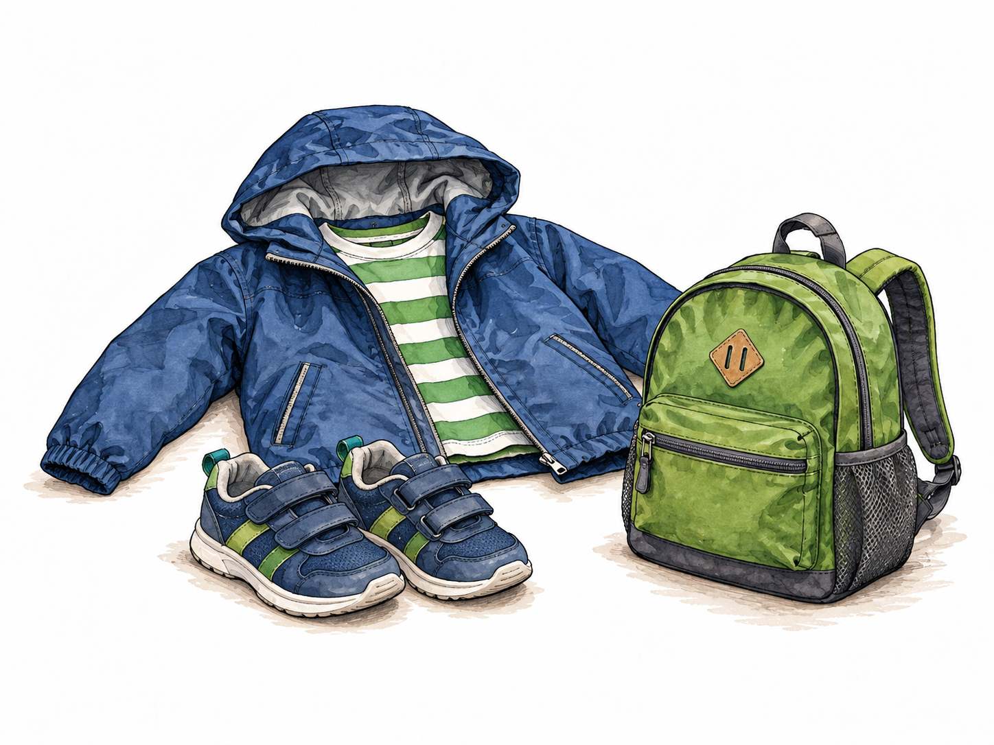 A child-sized coat and shoes carefully laid out beside a small backpack, intended for school.