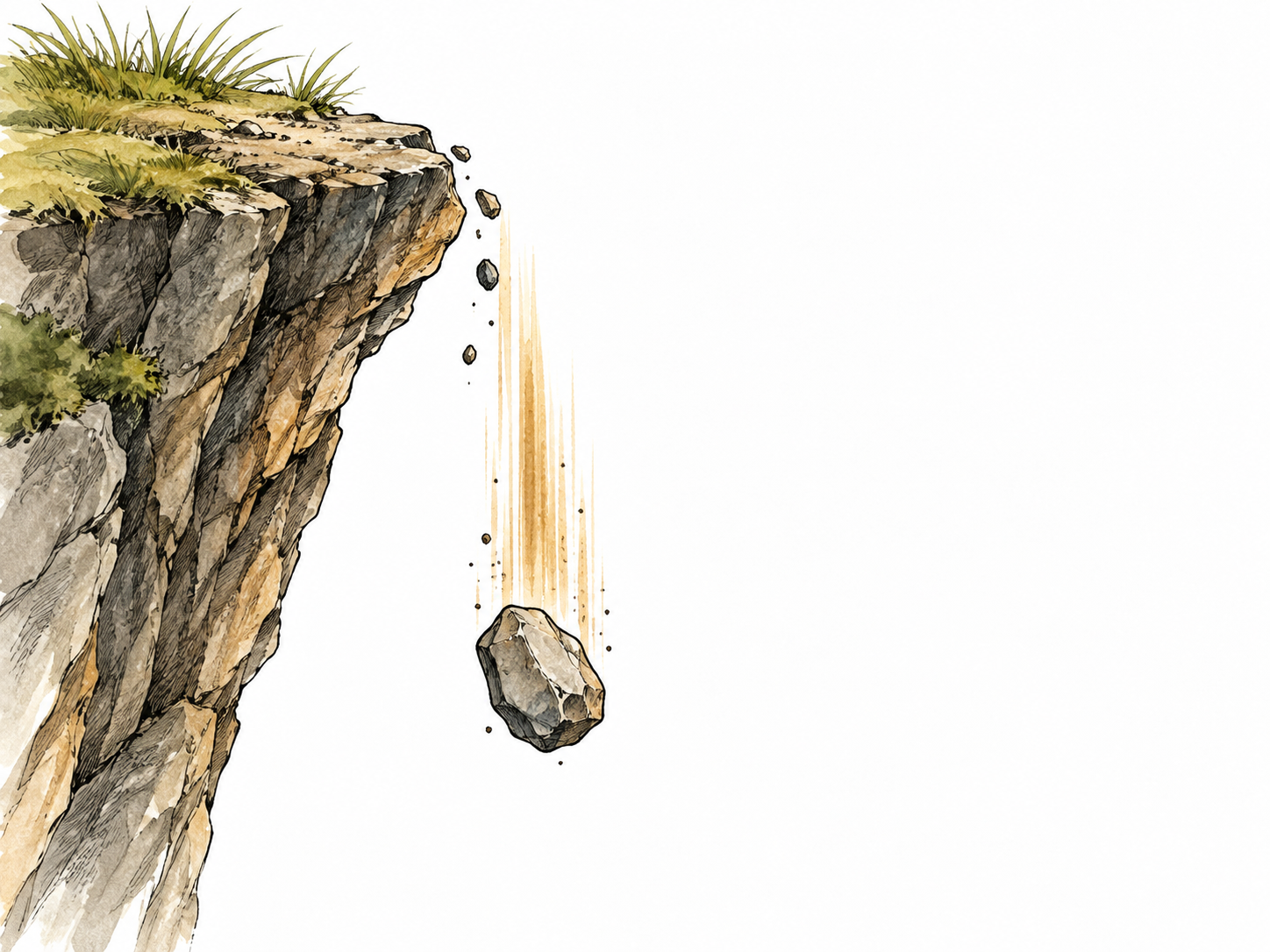 A loose stone falling steeply from a cliff with a narrow vertical motion trail, no people.