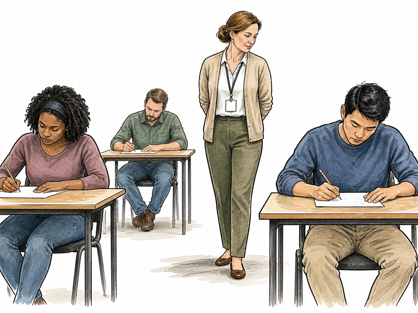 White female exam proctor watches adult students seated at separate desks.