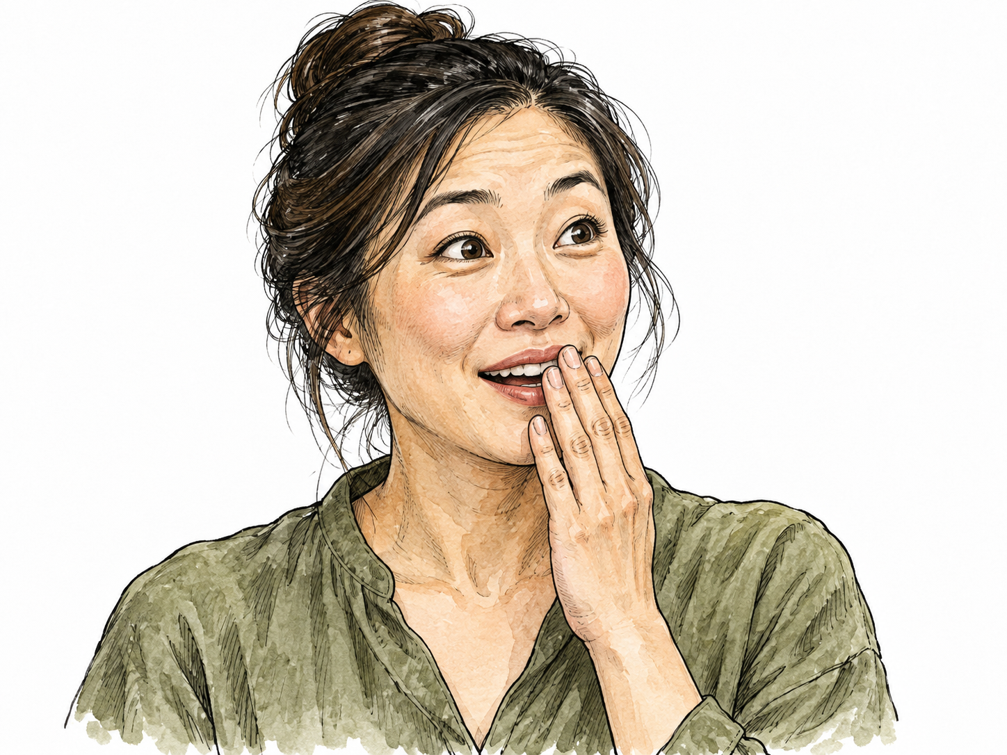 Close natural portrait of an East Asian adult whose raised brows and small smile convey delighted surprise.