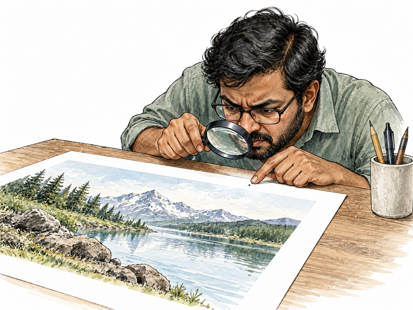 A South Asian editor fixates on a tiny misaligned dot while a large otherwise polished illustration lies finished.