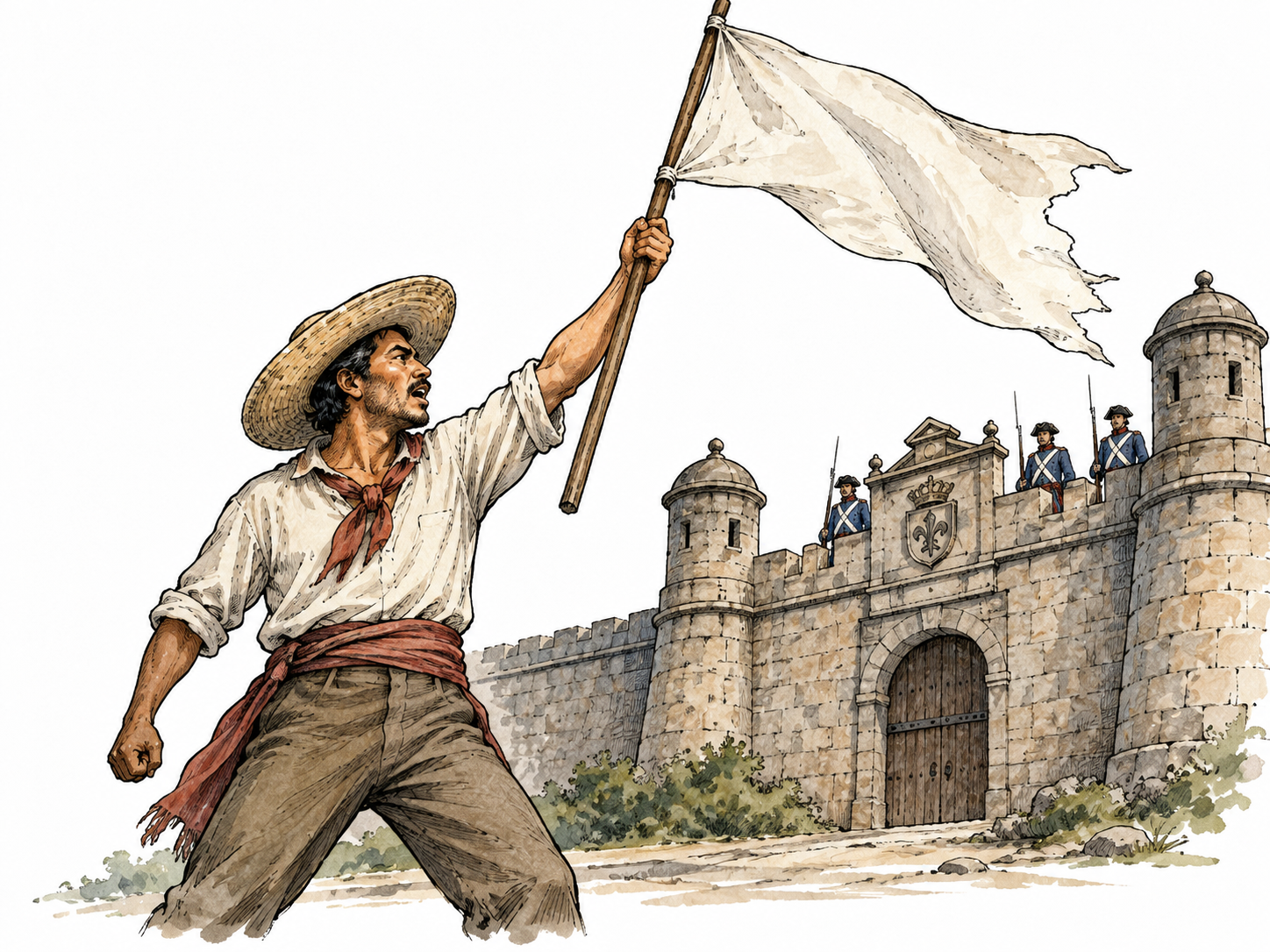 A historical insurgent in plain civilian clothing holding a raised banner against a fortified authority building, Latino adult, no logos or blood.