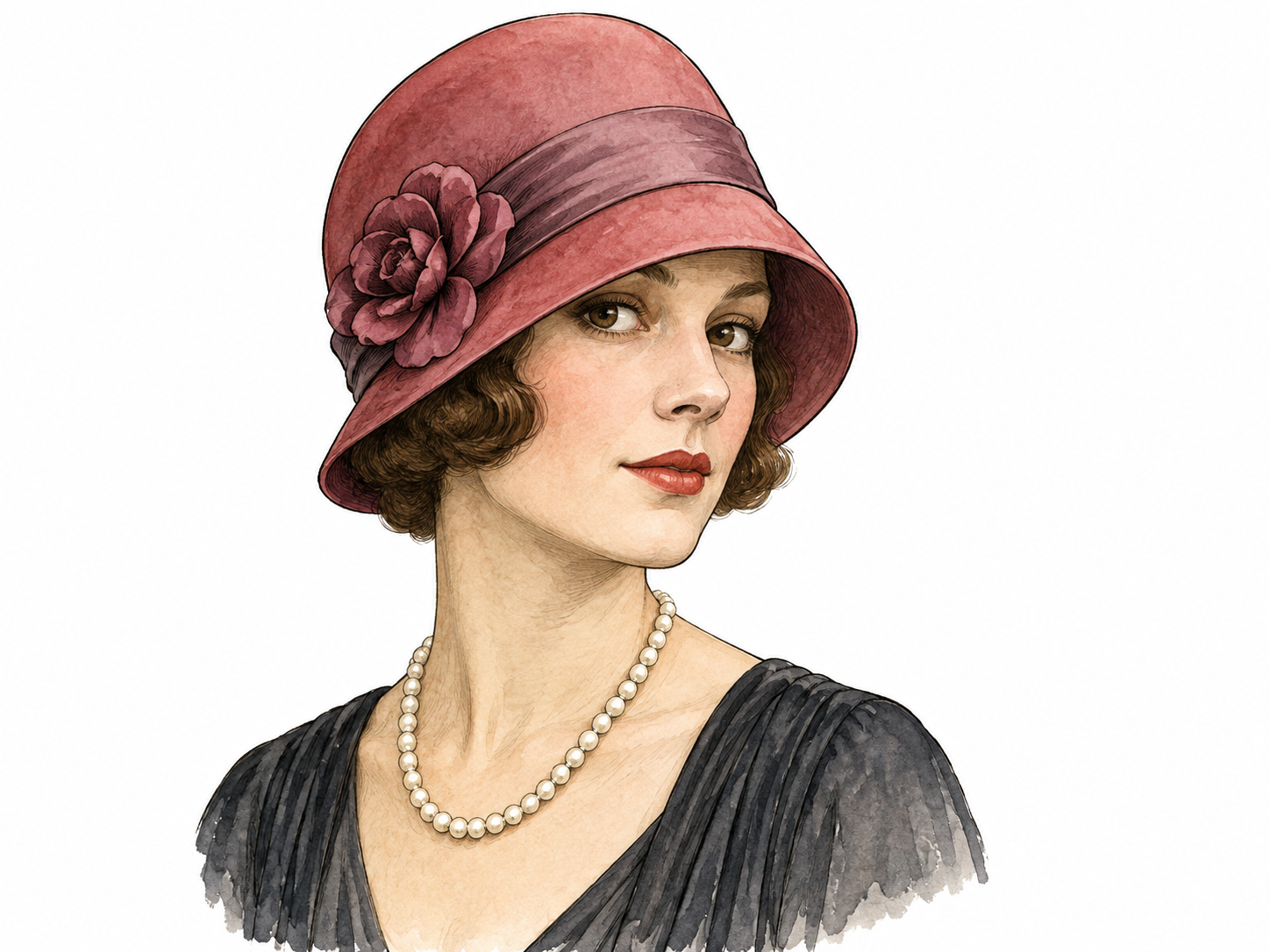 White woman wears elegant 1920s bell-shaped cloche hat.
