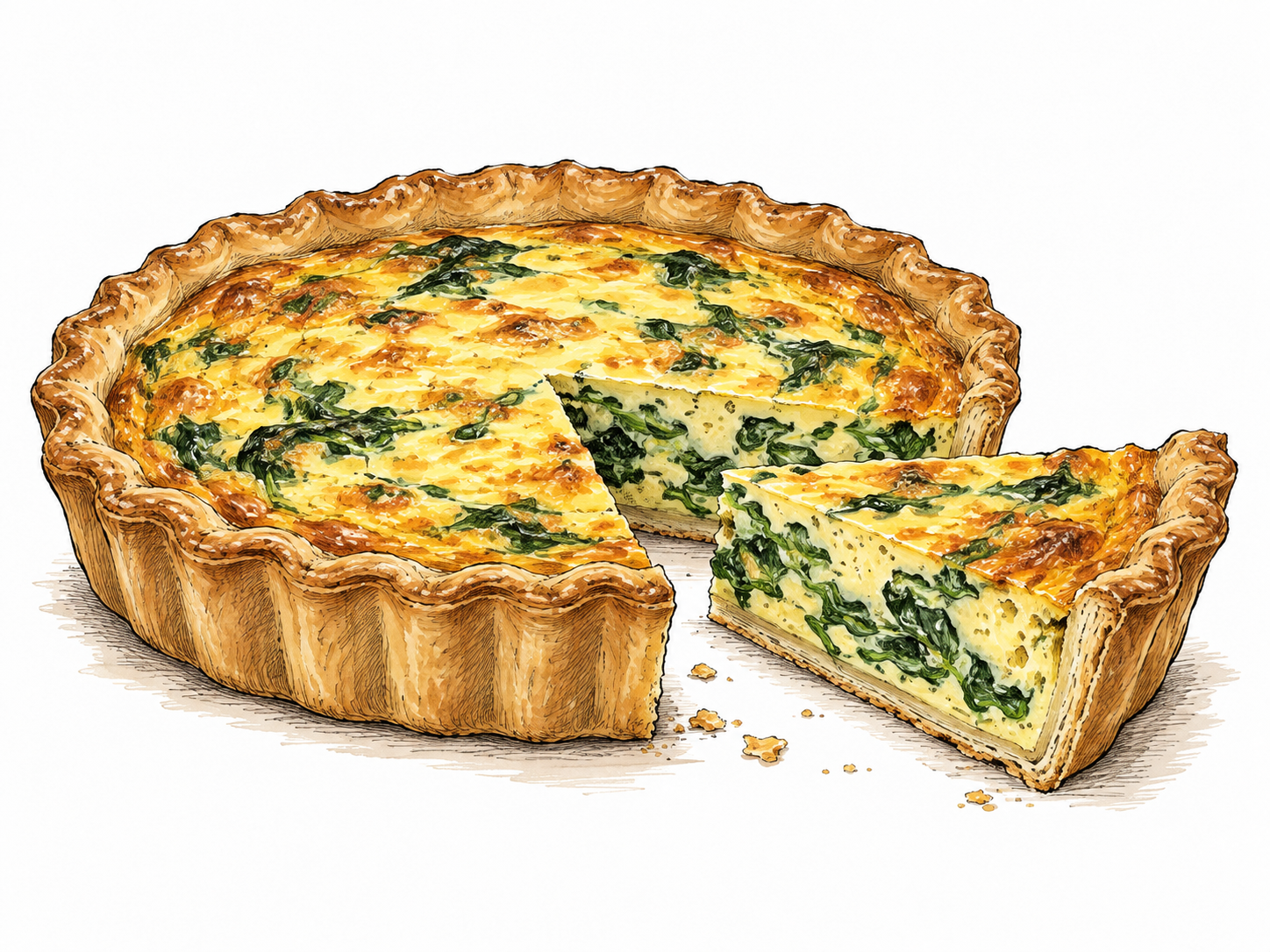 A savory quiche with golden crust and a wedge revealing egg and spinach filling.
