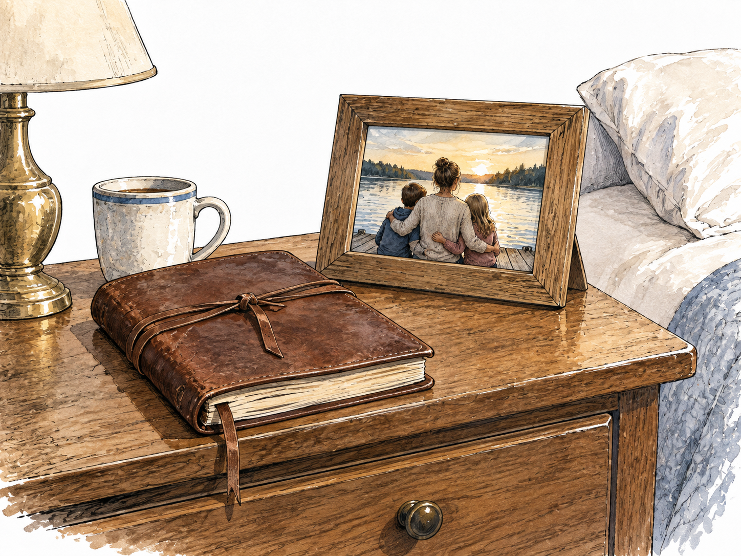 Private diary and treasured family photograph on bedside table.