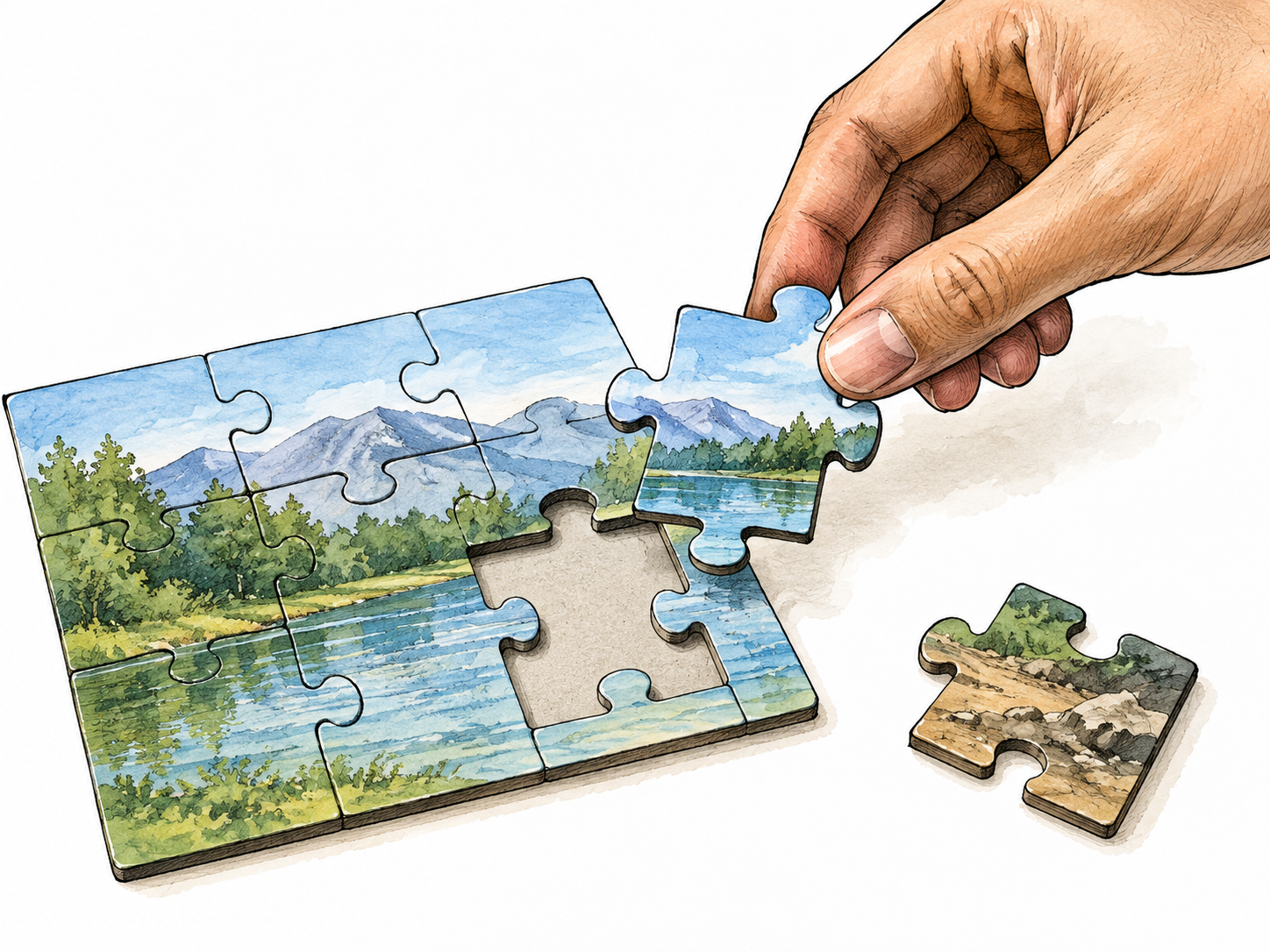 A hand replaces a mismatched puzzle piece with the correctly shaped one.