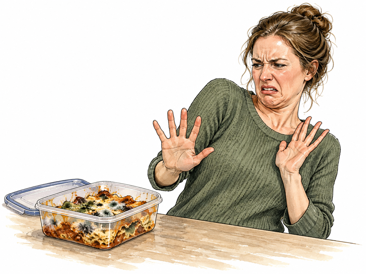 White woman recoils with strong disgust from moldy leftovers.