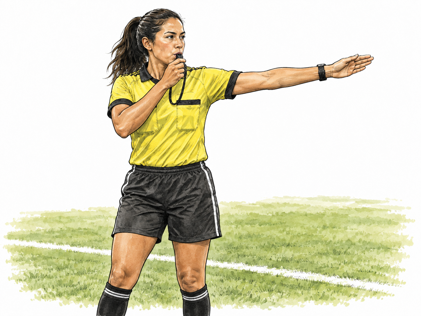 A Latina soccer referee signals a rule decision with a whistle on a soccer field.