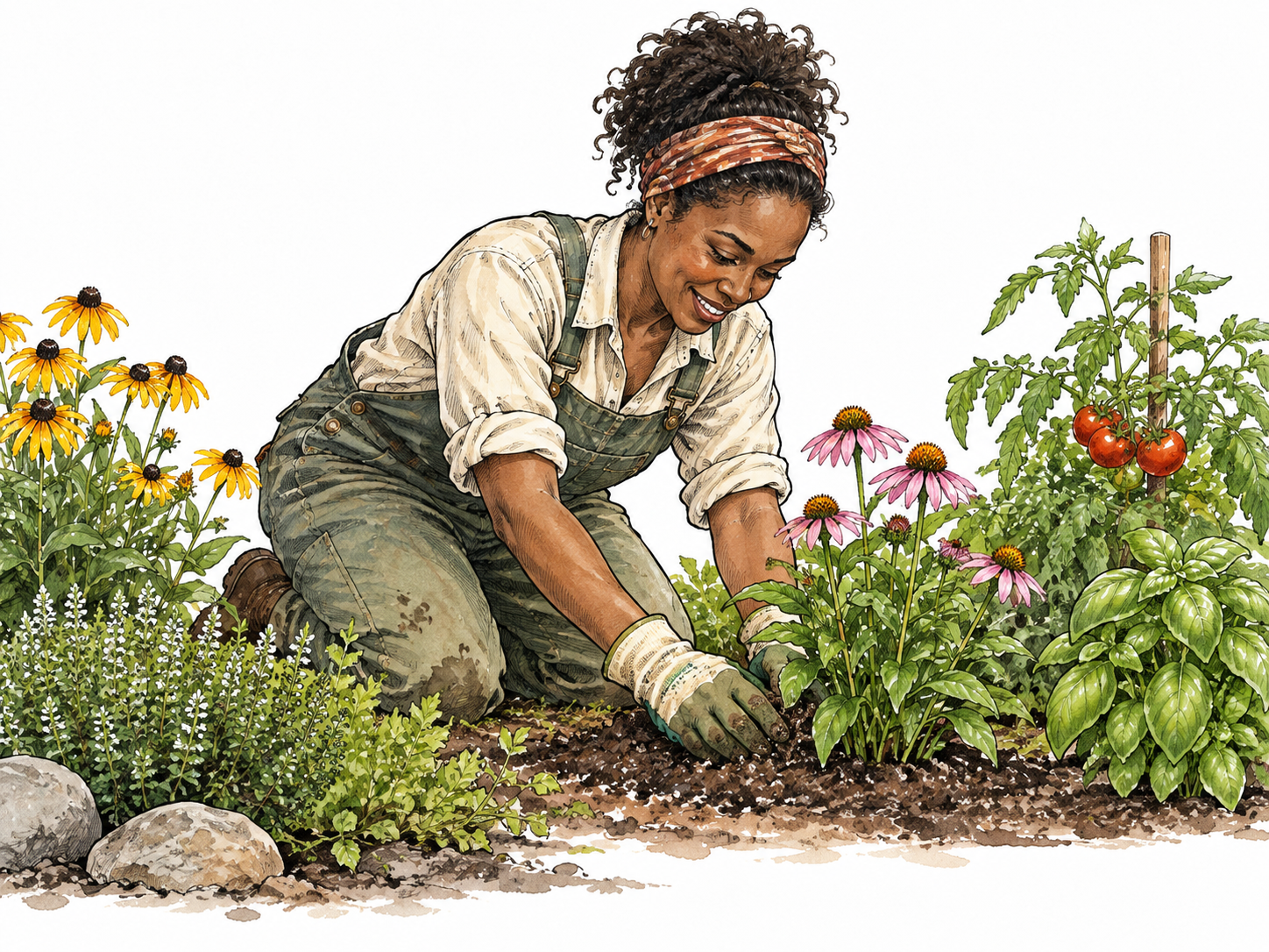 A Black gardener lovingly tends a lush collection of plants with energetic focus.