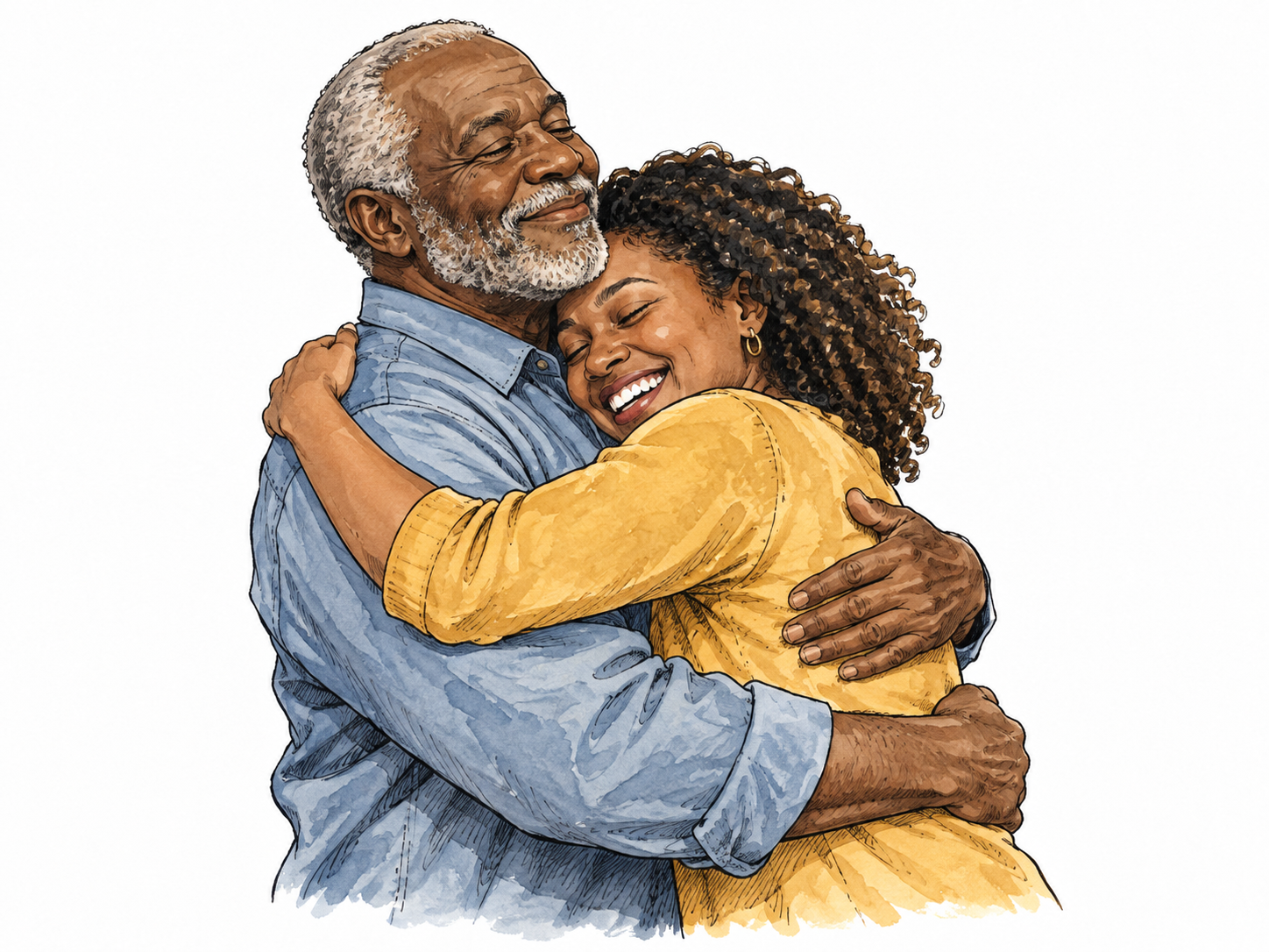 An older man and adult woman warmly embrace with happy faces.