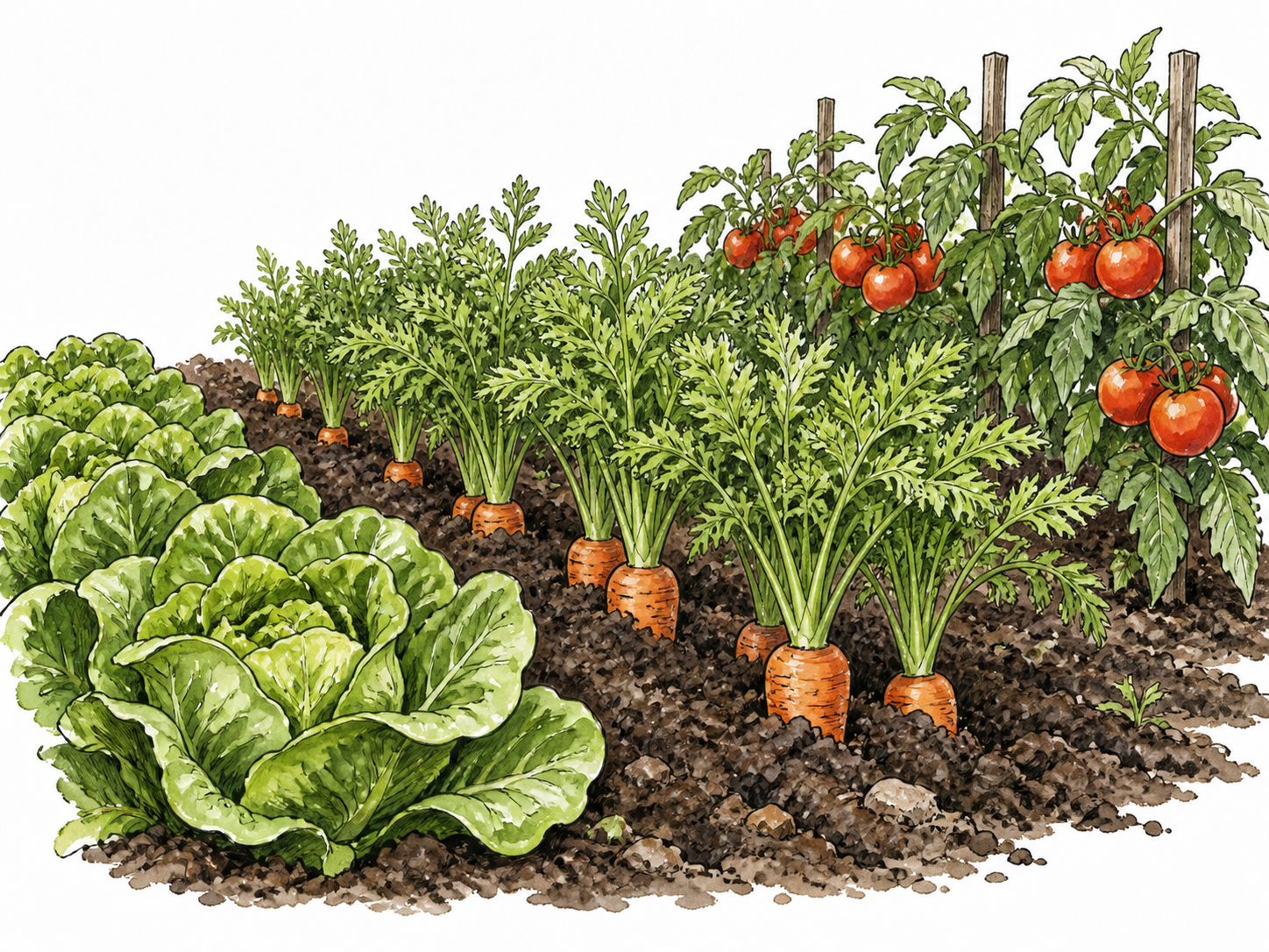 Dark rich garden soil supports lush productive vegetable rows.