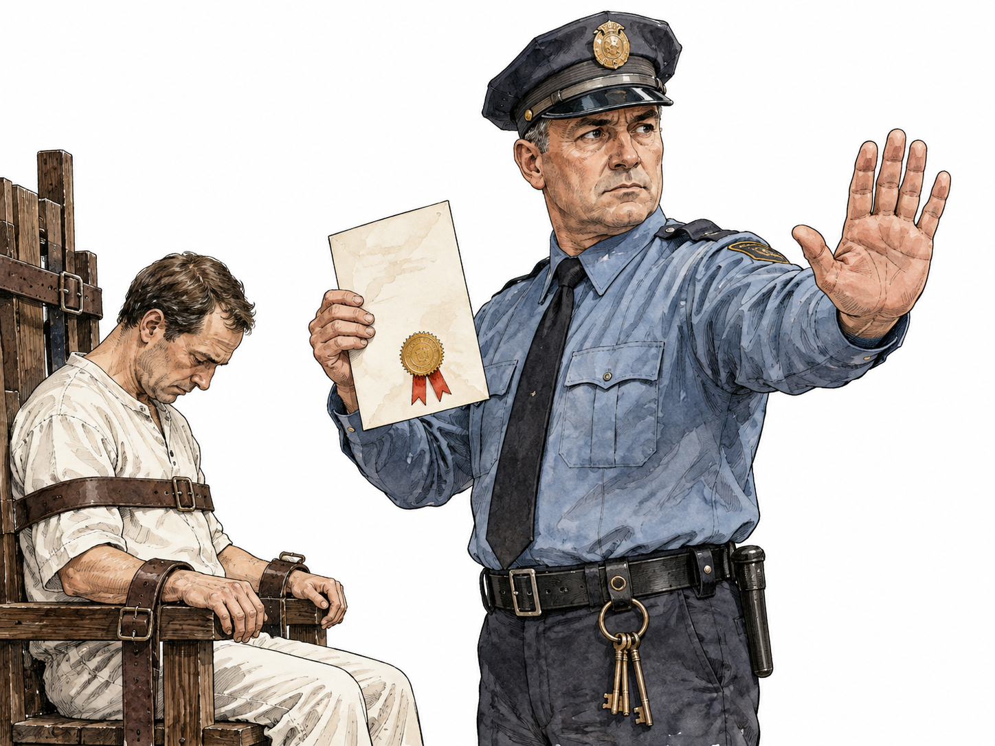 Prison official pauses impending punishment with raised stop hand and reprieve document.