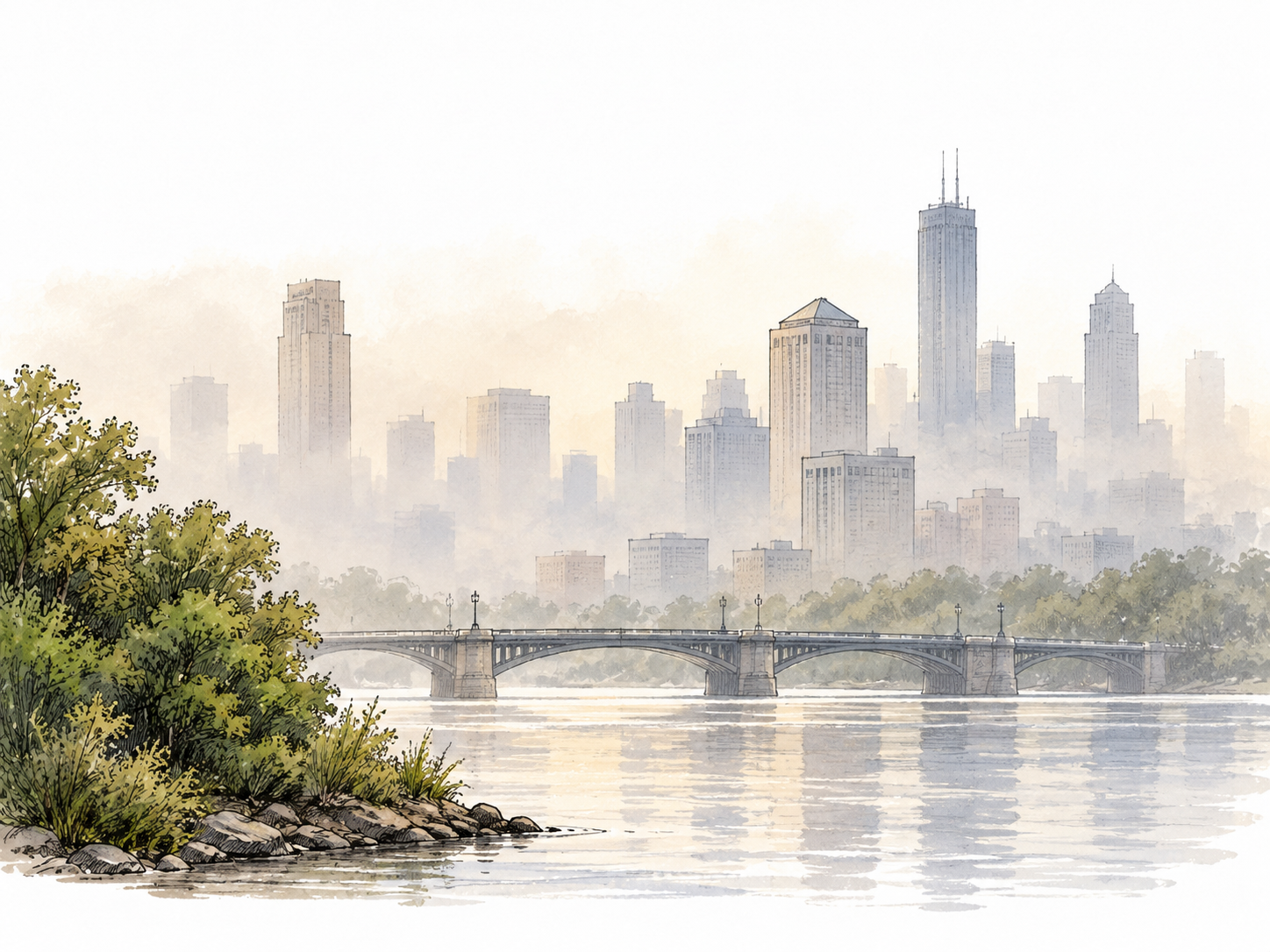 A city skyline softened by a thin veil of airborne haze.
